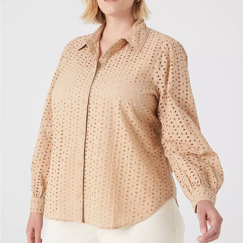 Lane Bryant Tan Eyelet Button Down Flowy 100% Cotton Top Size 22/24